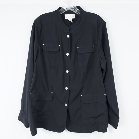 Susan Graver Style Twill Snap Front Lightweight Jacket Womens 1X Black A6223 - Picture 1 of 16